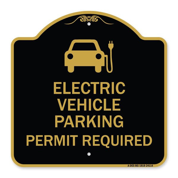Signmission Electric Vehicle Parking Permit Required With Electric Car Graphic, Black & Gold, BG-1818-24114 A-DES-BG-1818-24114 - main